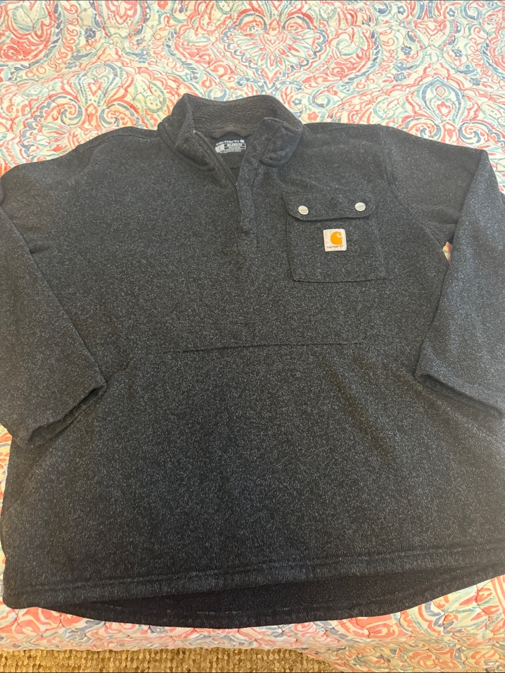 Carhartt Men’s Charcoal Quarter-zip, snap pocket, 2 zip pouch pocket.